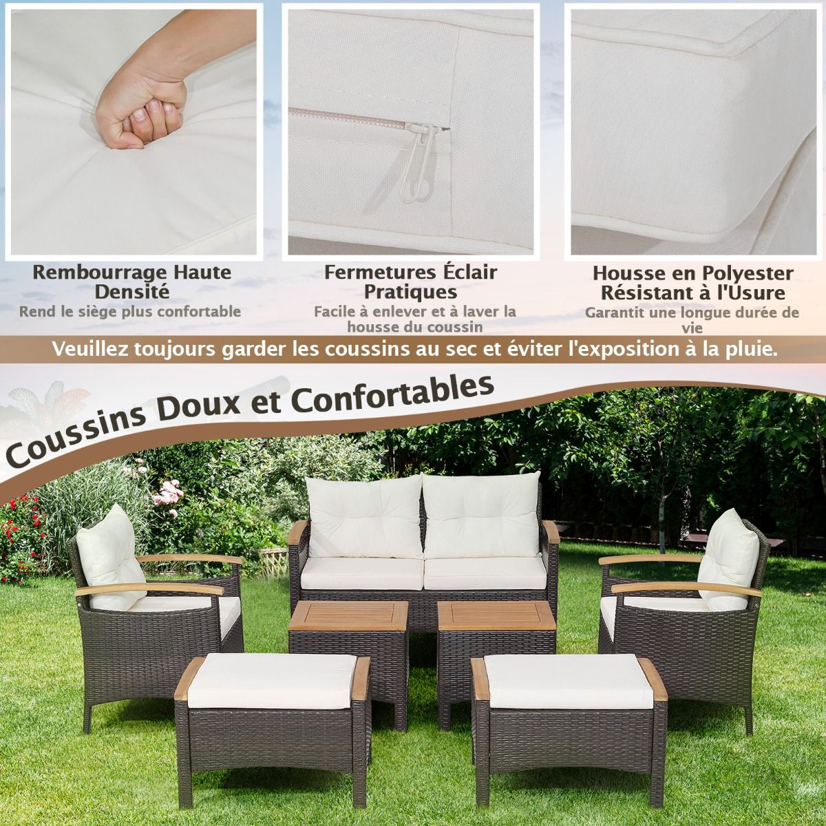 Ensemble de Canaps de Patio en Rotin PE 7 Pices avec Coussins d'Assise et de Dossier 2 Poufs 2 Tables Basses Plateau de Table -