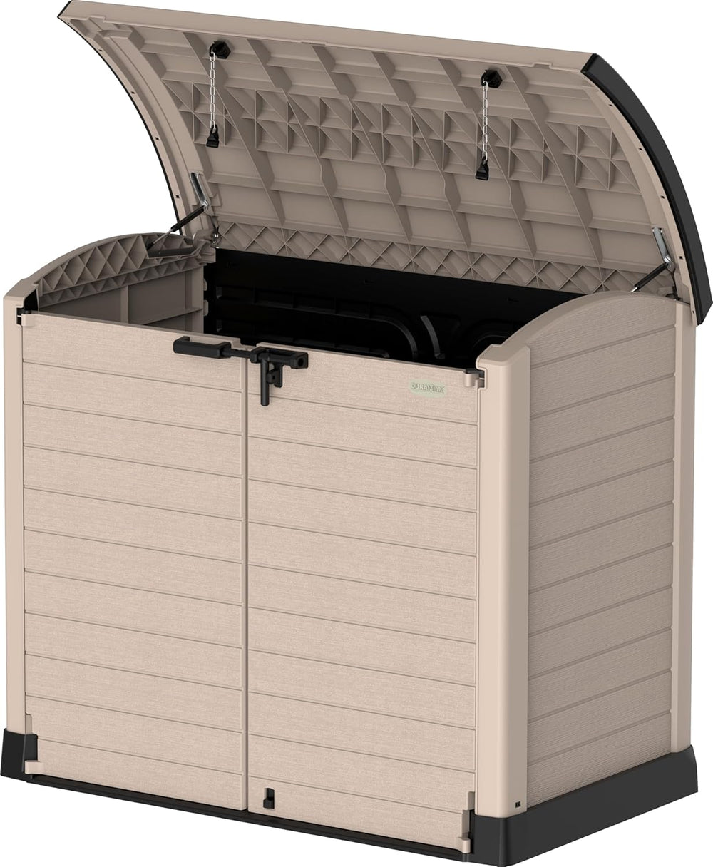 Duramax StoreAway 1200L Plastic Garden Shed/ Flat Lid,Outdoor Storage Shed,Wheelie Bin Hideaways,Wheelie bin box,Durable Construction,Ideal for Bikes,BBQs & 2x 240L Bins,145x85x125 cm,Brown