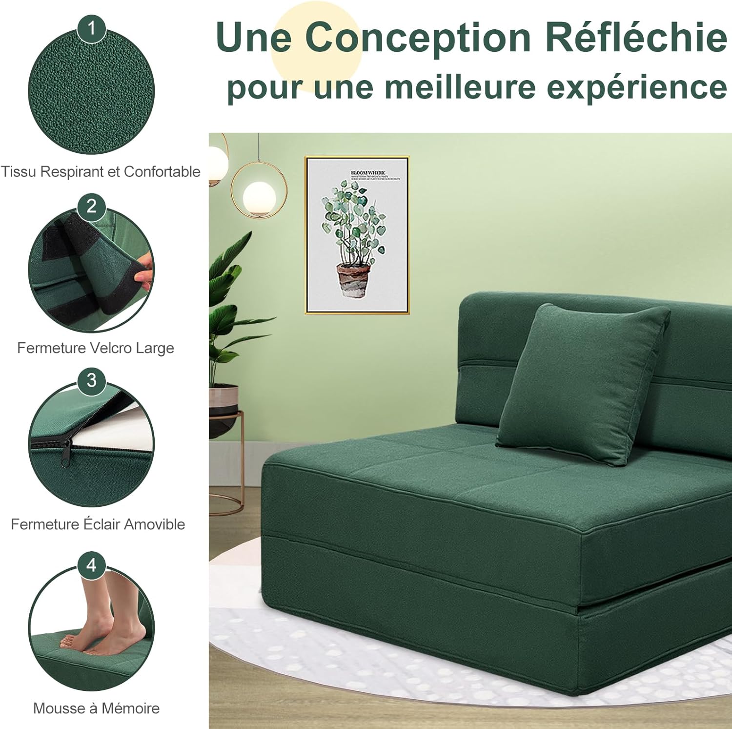 ANONER Canapé de Sol Convertible Canapé Convertible 1 Place, Canape Lit 1 Place en Mousse à Mémoire de Forme & Oreiller, Matelas Pliant Sofa pour Chambre Salon, Vert Foncé