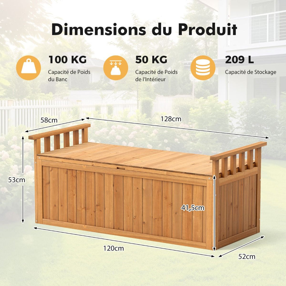 Banc de Rangement en Bois Banc d'Extérieur à 2 Places de 209 L avec Accoudoirs Coffre de Stockage en Bois Charge 100KG Naturel -