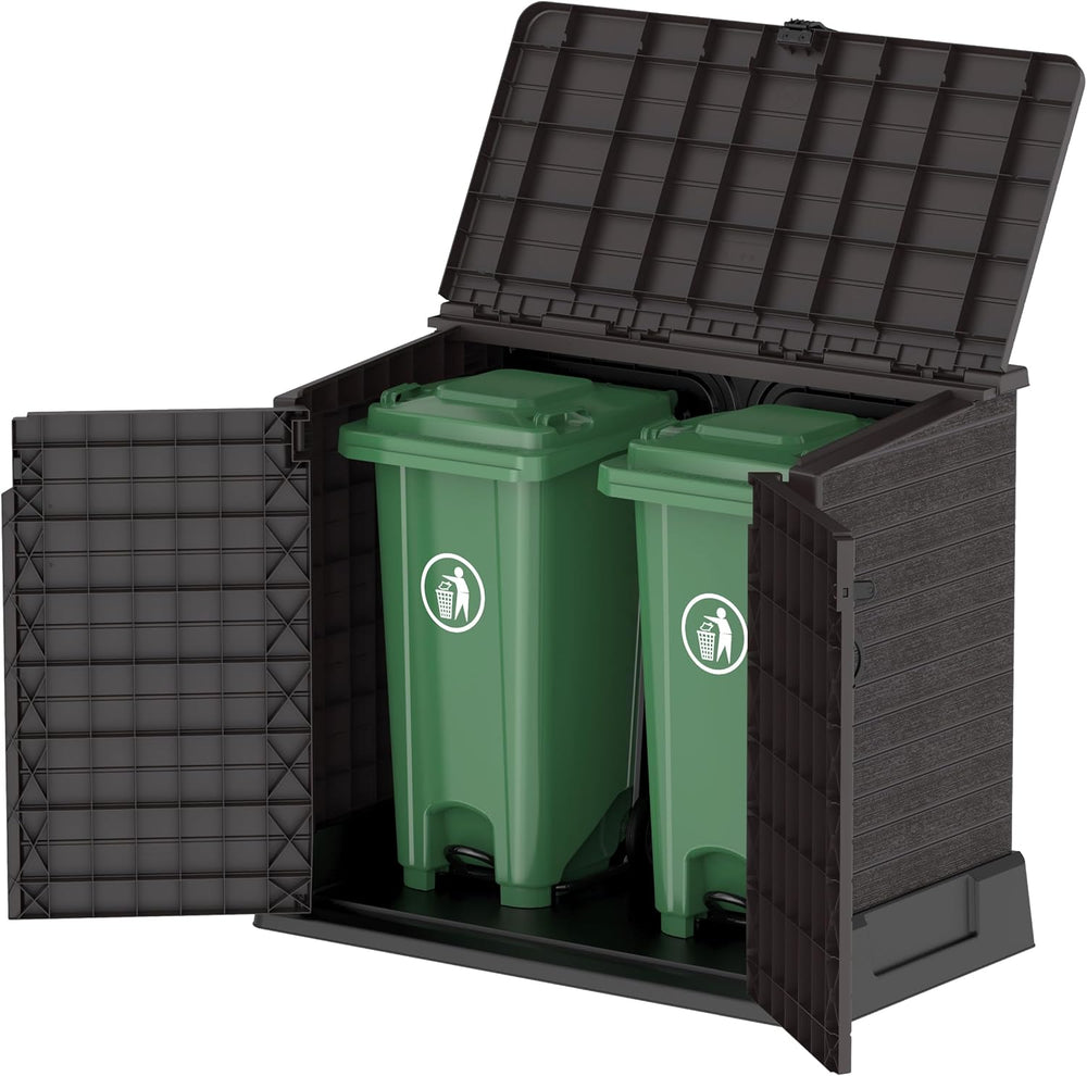 Duramax StoreAway 1200L Plastic Garden Shed/ Flat Lid,Outdoor Storage Shed,Wheelie Bin Hideaways,Wheelie bin box,Durable Construction,Ideal for Bikes,BBQs & 2x 240L Bins,145x85x125 cm,Brown