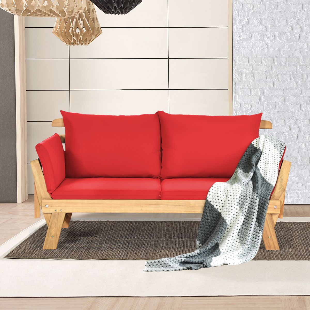 Chaise Longue Convertible avec Coussin Canapé de Jardin 2 en 1 en Bois d’Acacia avec Accoudoir Réglable pour Patio Piscine Jardin Blanc/Gris/Bleu/Rouge -