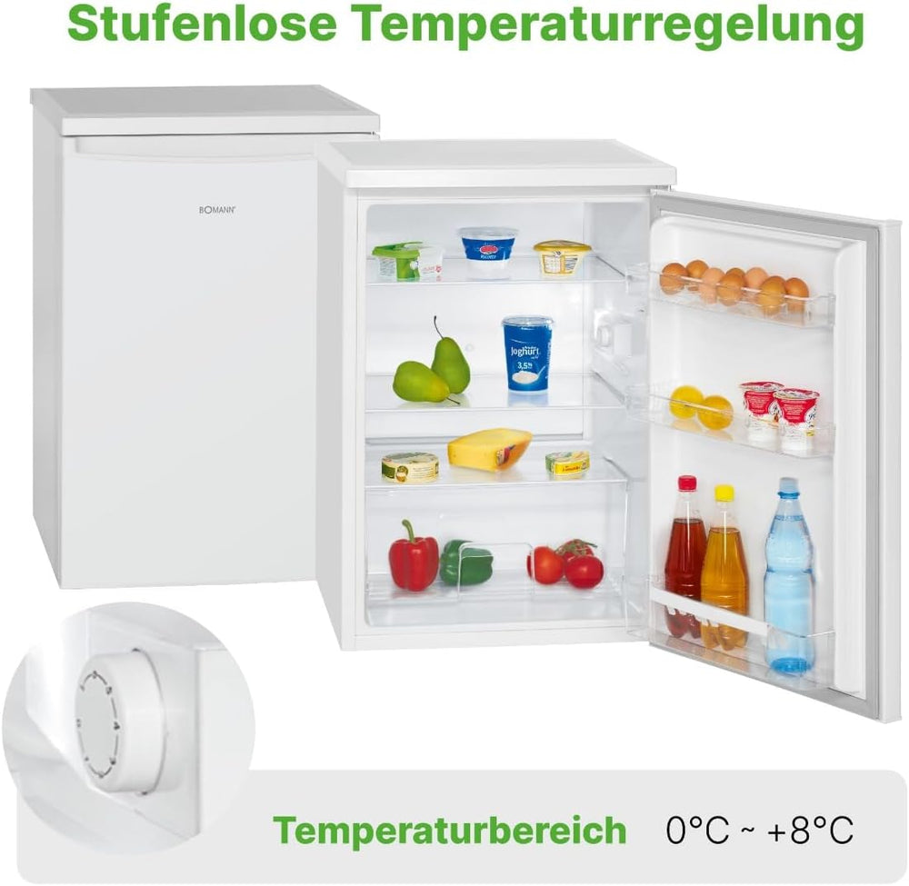Bomann Réfrigérateur 133L blanc VS2185-1-blanc, Capacité nette : 133 litres, Éclairage intérieur à DEL, Contrôle de la température en continu, 3 clayettes en verre