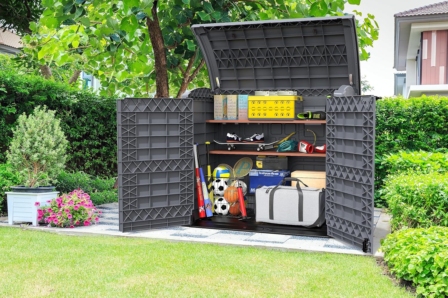 Duramax StoreAway 1200L Plastic Garden Shed/ Flat Lid,Outdoor Storage Shed,Wheelie Bin Hideaways,Wheelie bin box,Durable Construction,Ideal for Bikes,BBQs & 2x 240L Bins,145x85x125 cm,Brown