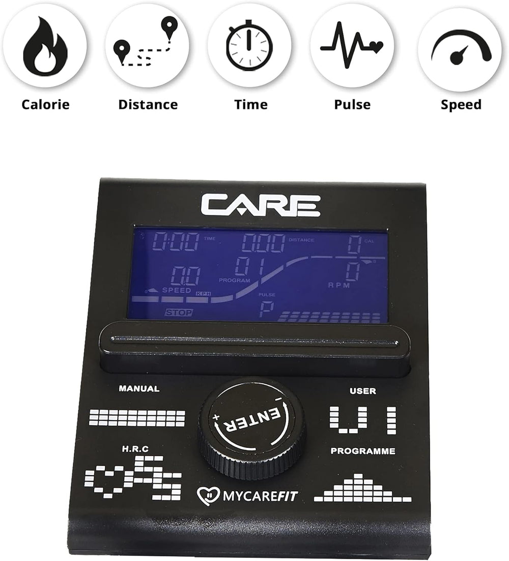 Care Fitness - Vélo Elliptique Motorisé CE-685-24 Niveaux de Difficulté - 24 Programmes - Compteur Écran LCD - Port USB - Porte Tablette - Compatible Application Kinomap