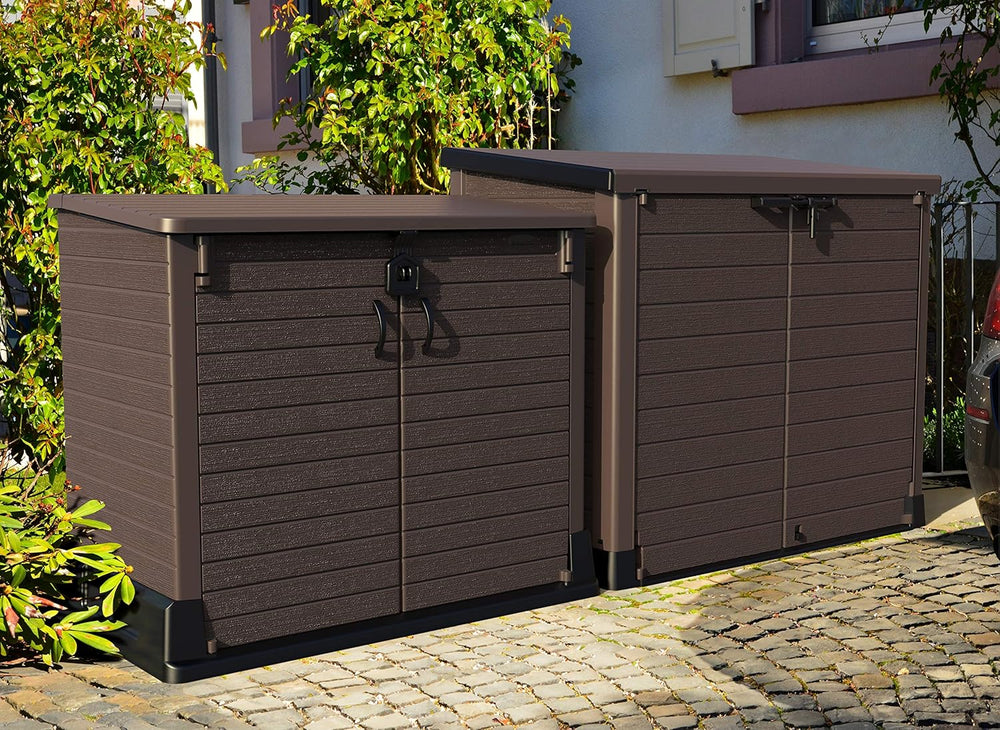 Duramax StoreAway 1200L Plastic Garden Shed/ Flat Lid,Outdoor Storage Shed,Wheelie Bin Hideaways,Wheelie bin box,Durable Construction,Ideal for Bikes,BBQs & 2x 240L Bins,145x85x125 cm,Brown
