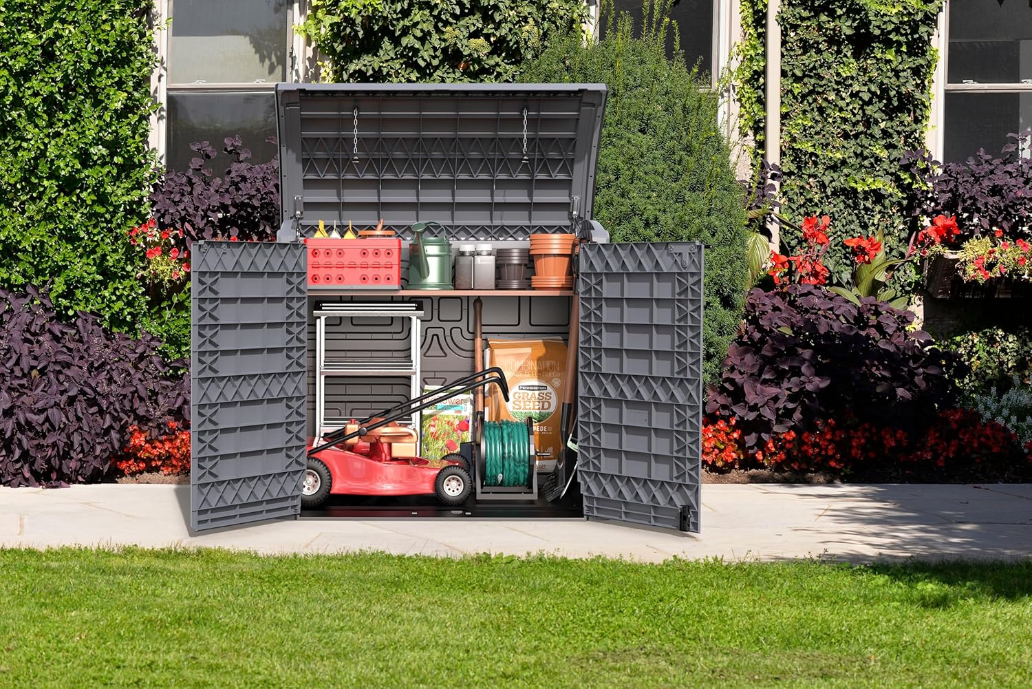 Duramax StoreAway 1200L Plastic Garden Shed/ Flat Lid,Outdoor Storage Shed,Wheelie Bin Hideaways,Wheelie bin box,Durable Construction,Ideal for Bikes,BBQs & 2x 240L Bins,145x85x125 cm,Brown