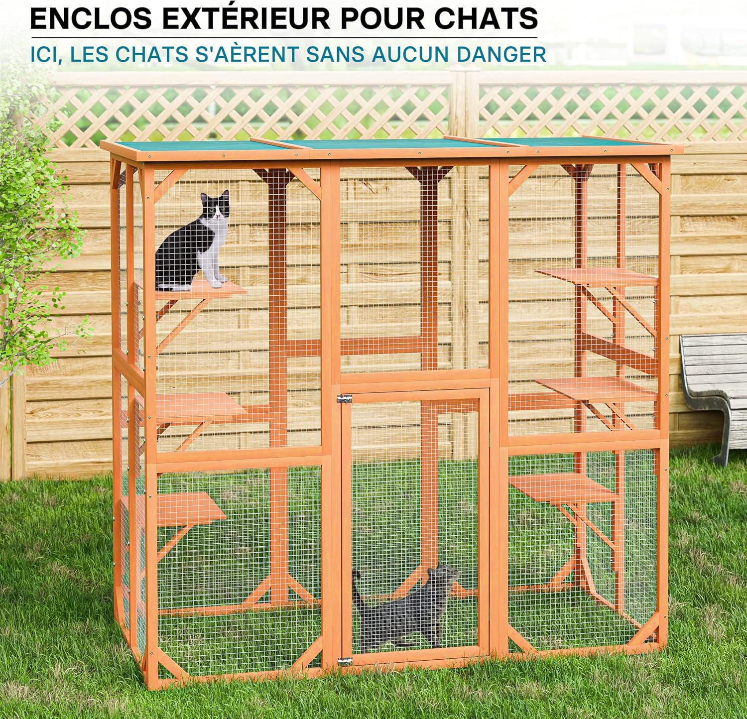 Wiltec Enclos extérieur – 168 x 82 x 166,5 cm – en Bois de Sapin et avec Grillage – Parc pour Chat résistant aux intempéries – avec 6 Zones de Repos – Félins