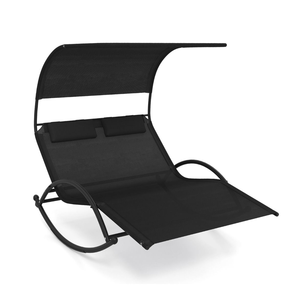 Chaise Longue Double Chaise à Bascule pour 2 Personnes 2 Appui-Têtes Amovibles Cadre en Métal Robuste Lit de Repos Ergonomique 2 Places Gris/Noir/Beige -