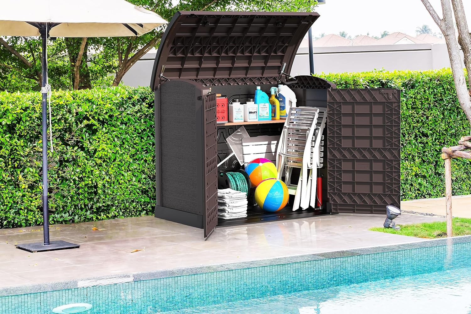 Duramax StoreAway 1200L Plastic Garden Shed/ Flat Lid,Outdoor Storage Shed,Wheelie Bin Hideaways,Wheelie bin box,Durable Construction,Ideal for Bikes,BBQs & 2x 240L Bins,145x85x125 cm,Brown