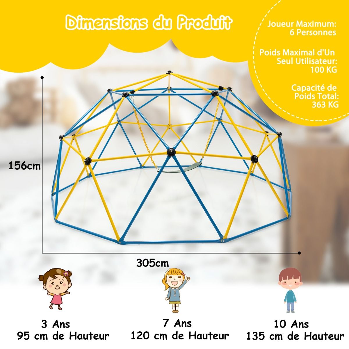 D么me d'Escalade de 305cm avec Balanoire Cage d'Escalade en Mtal Charge Max 363 kg Intrieur Extrieur pour Enfants de 3-10 Ans Jaune/Rouge -