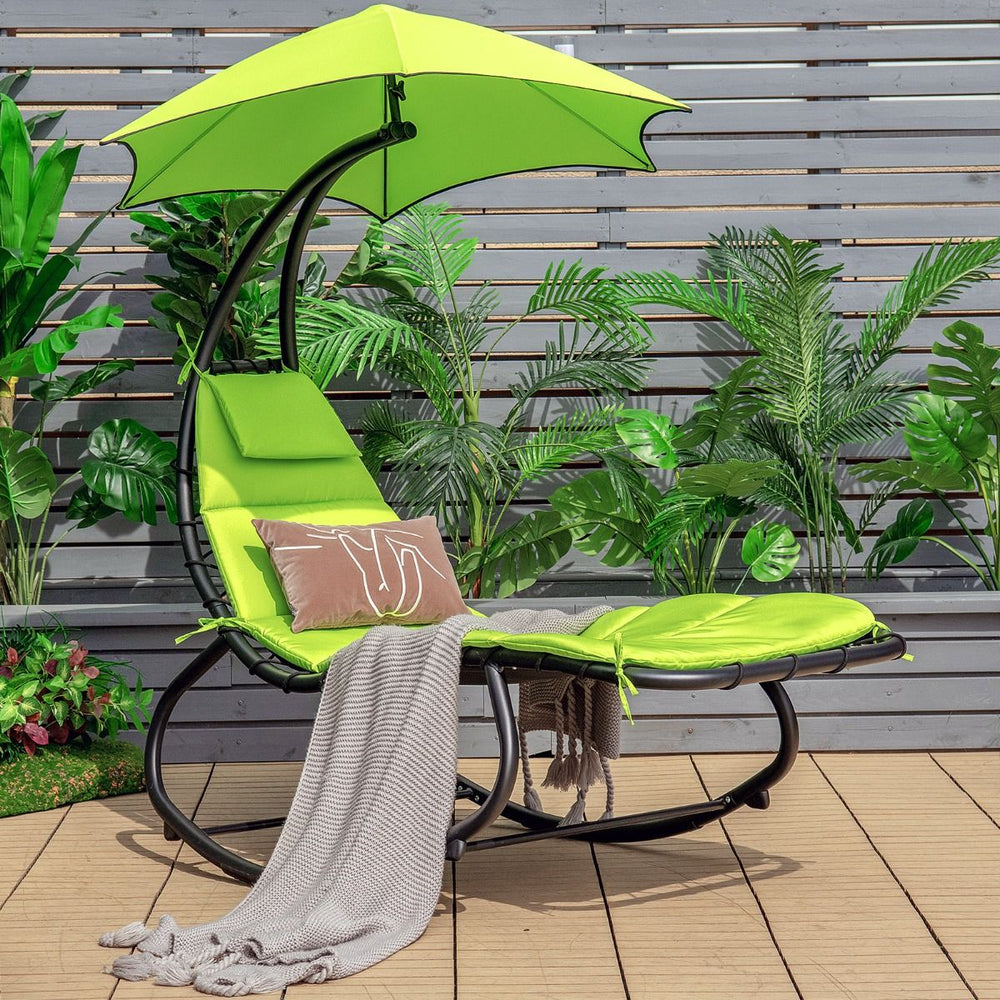 Bain de Soleil  Bascule Transat Suspendu avec Pare-Soleil & Coussin Hamac Charge 150KG 184 cm x 147 cm x 187 cm Vert -