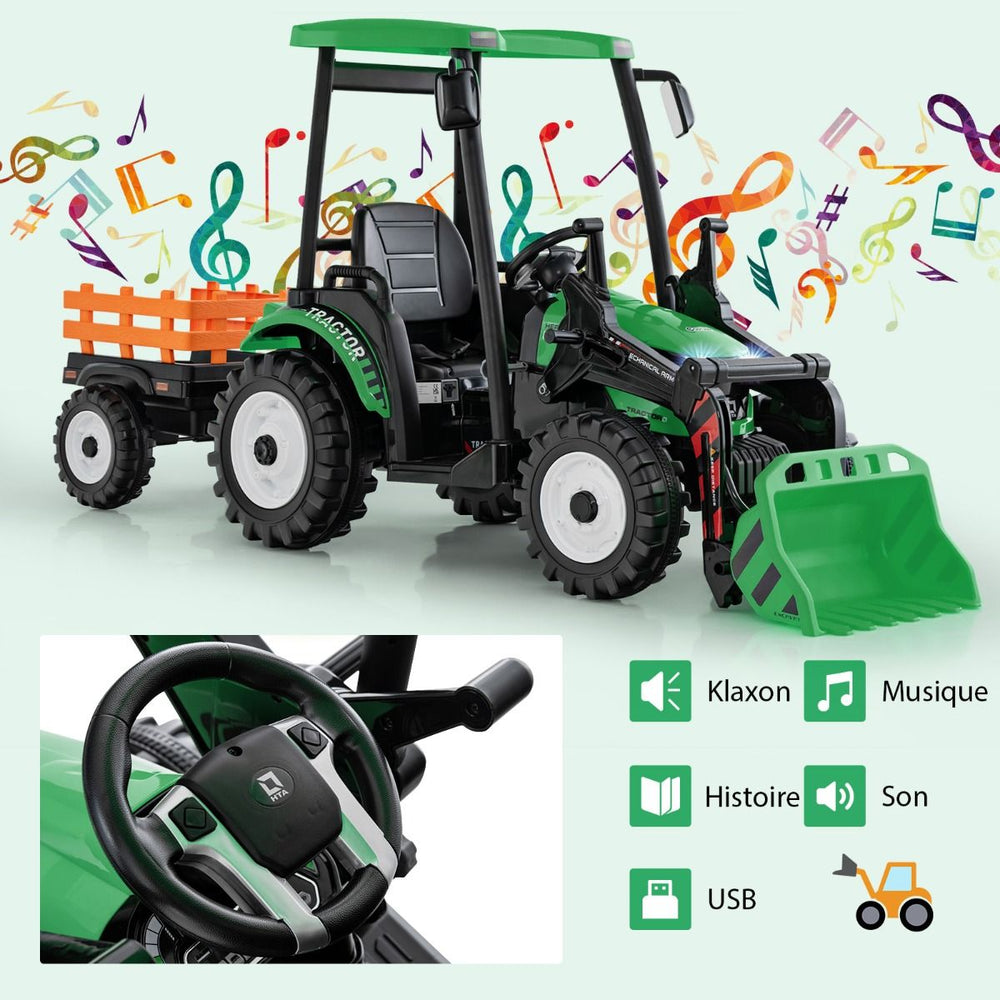 12V Tracteur lectrique Enfants avec Pelle&Remorque Amovible Vhicule lectrique  6 Roues avec Tlcommande & Musique 3-6 km/h pour 3-8 Ans Jaune/Vert -