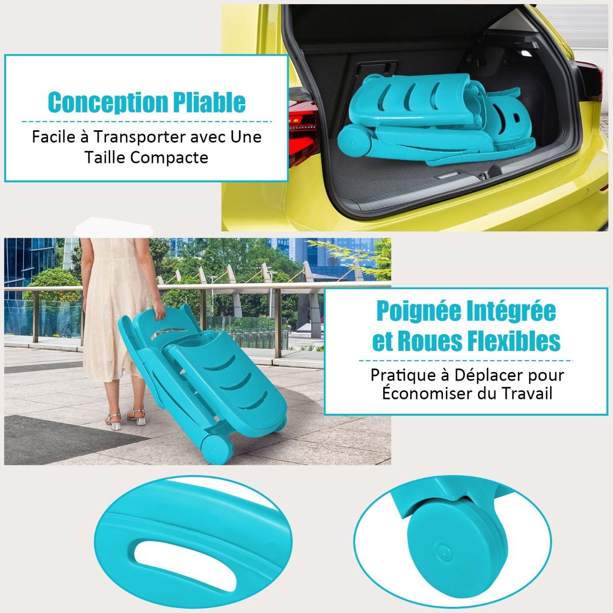 Chaise Longue Pliable Dossier Inclinable à 5 Positions avec Roues Intégrées pour Terrasse Jardin Piscine 150 kg Gris/Blanc/Bleu -