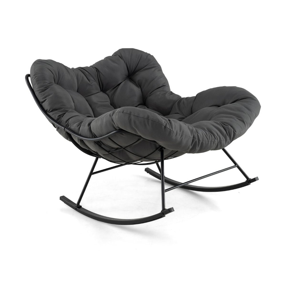 Chaise à Bascule d'Intérieur et d'Extérieur Chaise Papasan Surdimensionnée avec Coussin Rembourré & Cadre en Métal Capacité 205 Kg Gris -