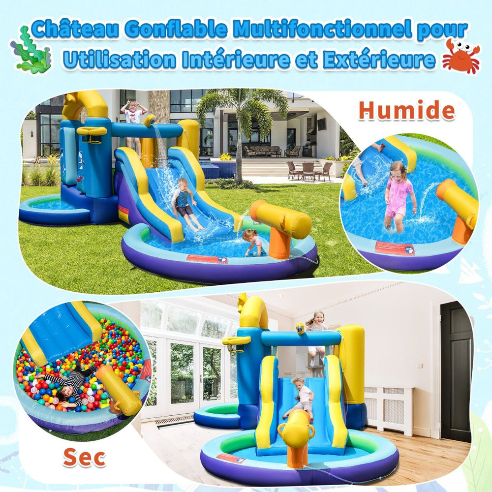 Ch芒teau Gonflable Ocan 6 en 1 avec Souffleur 680W Toboggan Aquatique & 2 Piscines Maison de Rebond Gonflable Charge 90kg -