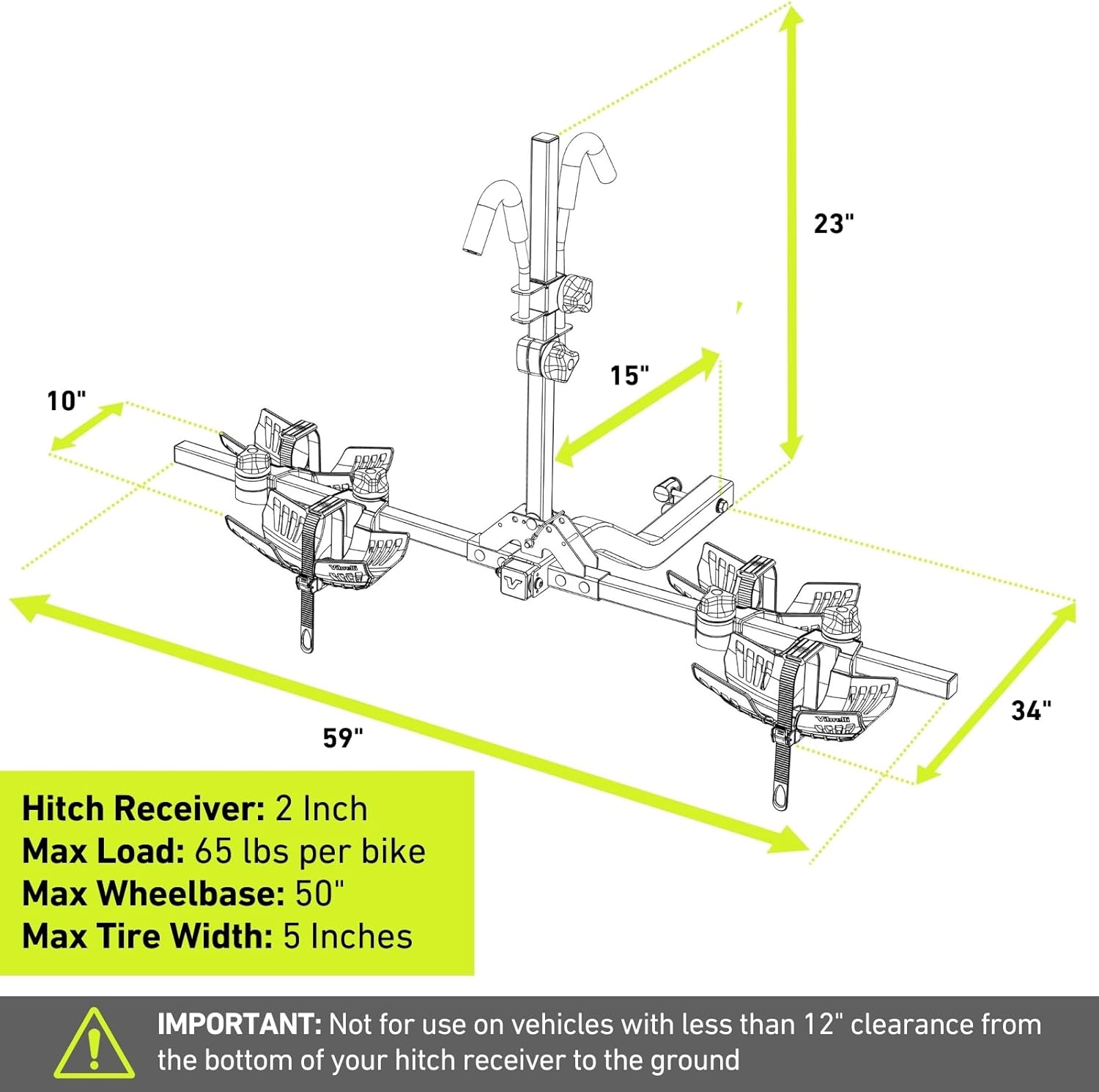 Vibrelli Porte-attelage de vélo électrique – 2 Porte-vélos électriques pour Gros pneus, VTT, vélos Standard – 29,5 kg par vélo – Anti-oscillation breveté – Voitures et VUS – Plateforme