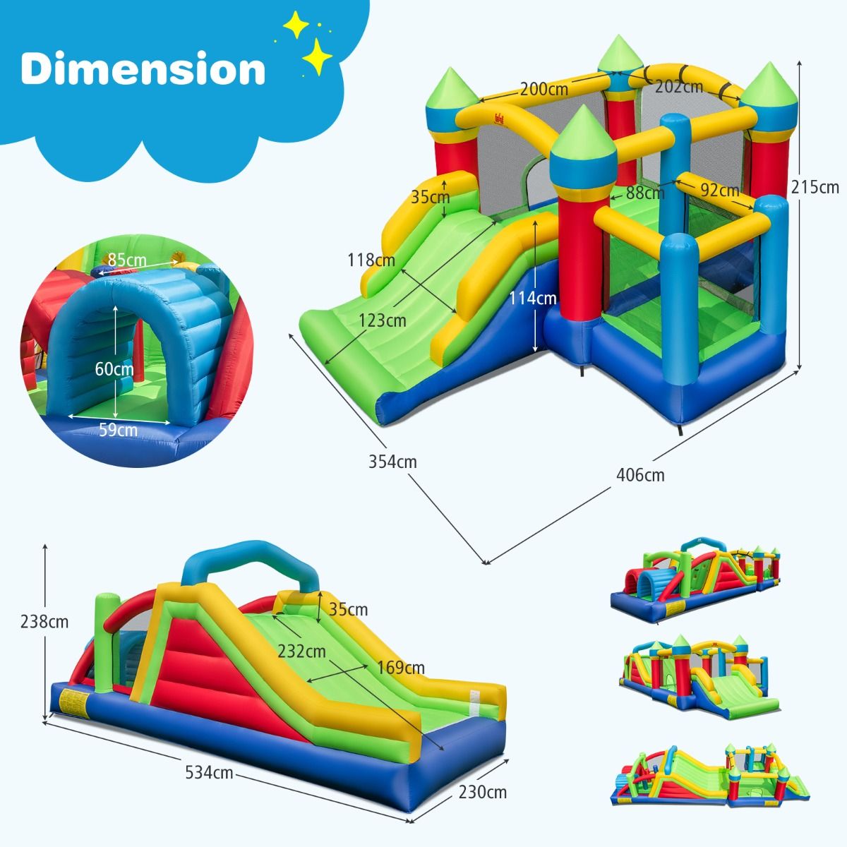 Château Gonflable pour 4 Enfants avec 2 Toboggans Tunnels Zone de Rebond Escalade Obstacles Maison de Jeu avec Souffleur de 680 W -