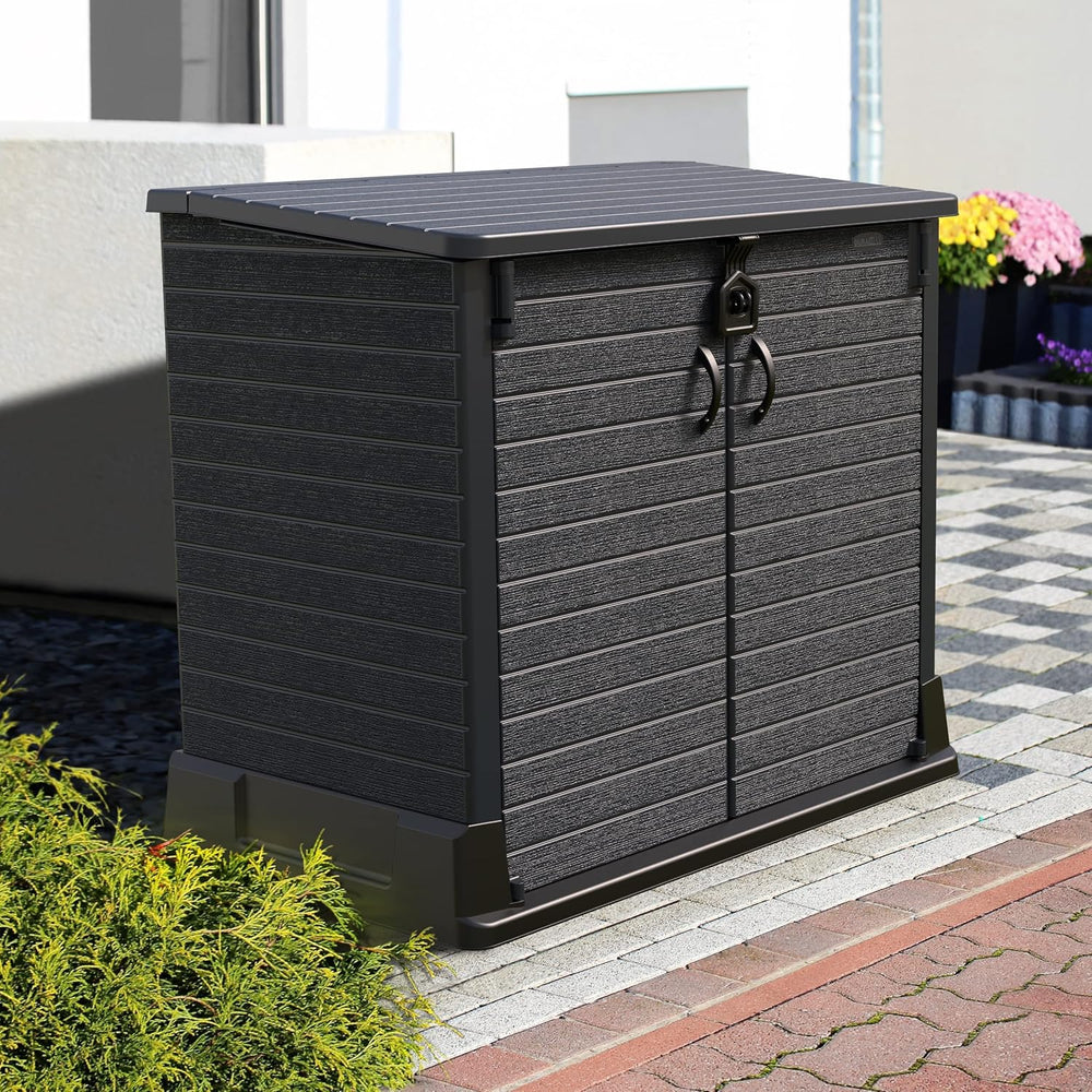 Duramax StoreAway 1200L Plastic Garden Shed/ Flat Lid,Outdoor Storage Shed,Wheelie Bin Hideaways,Wheelie bin box,Durable Construction,Ideal for Bikes,BBQs & 2x 240L Bins,145x85x125 cm,Brown