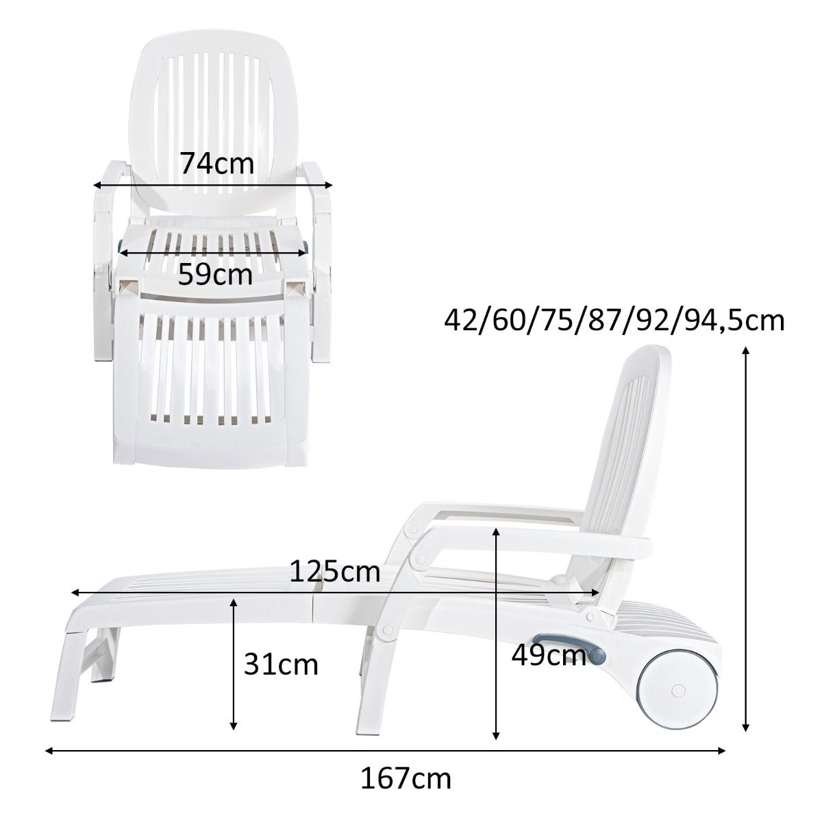 Chaise Longue Inclinable Réglable à 5 Positions avec Roues Flexibles Fauteuil Relax de Camping avec Boîte de Rangement Charge 150KG Blanc -