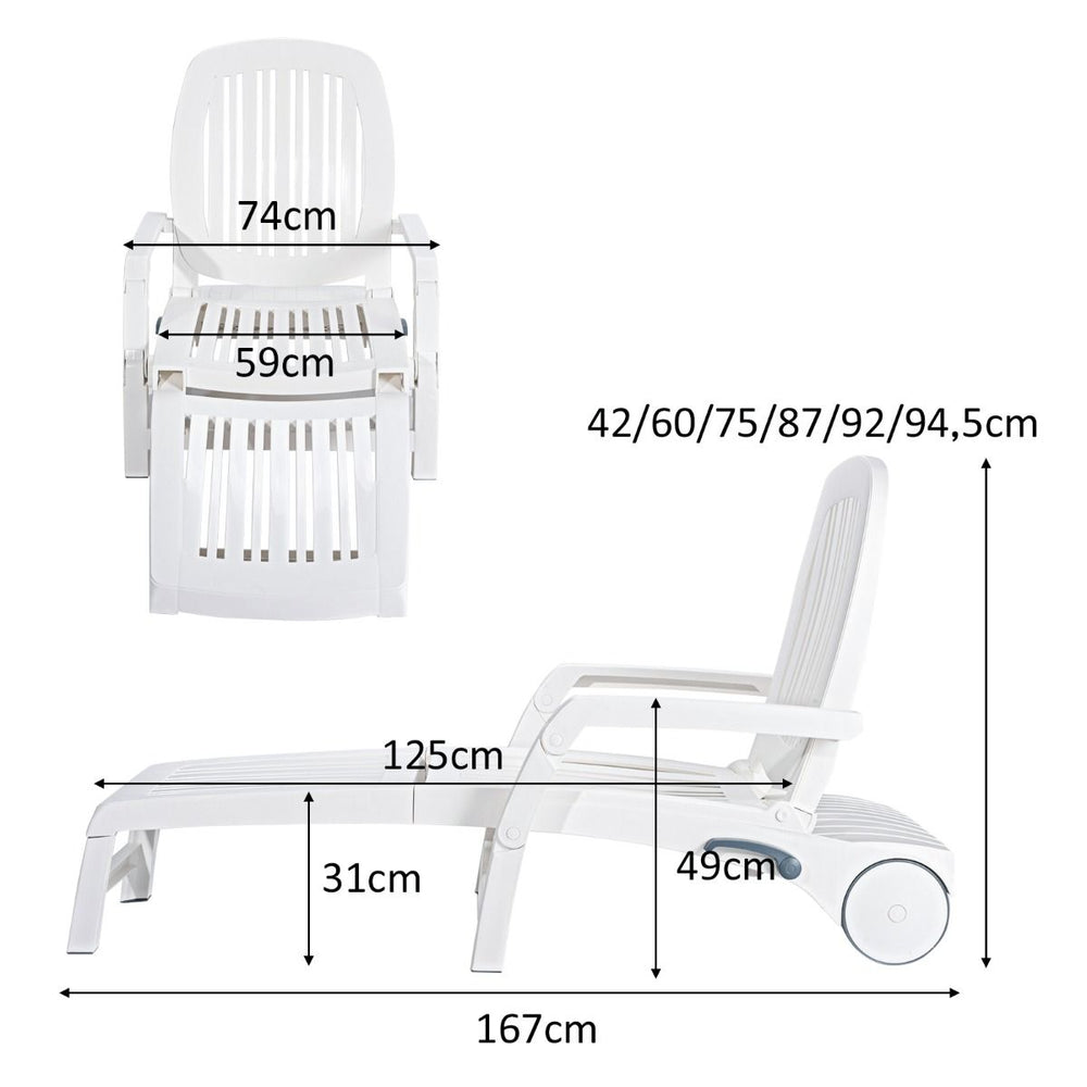 Chaise Longue Inclinable Réglable à 5 Positions avec Roues Flexibles Fauteuil Relax de Camping avec Boîte de Rangement Charge 150KG Blanc -