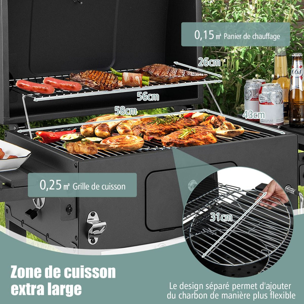 Barbecue  Charbon de Bois Portable avec 2 Tables d'Appoint Noir -