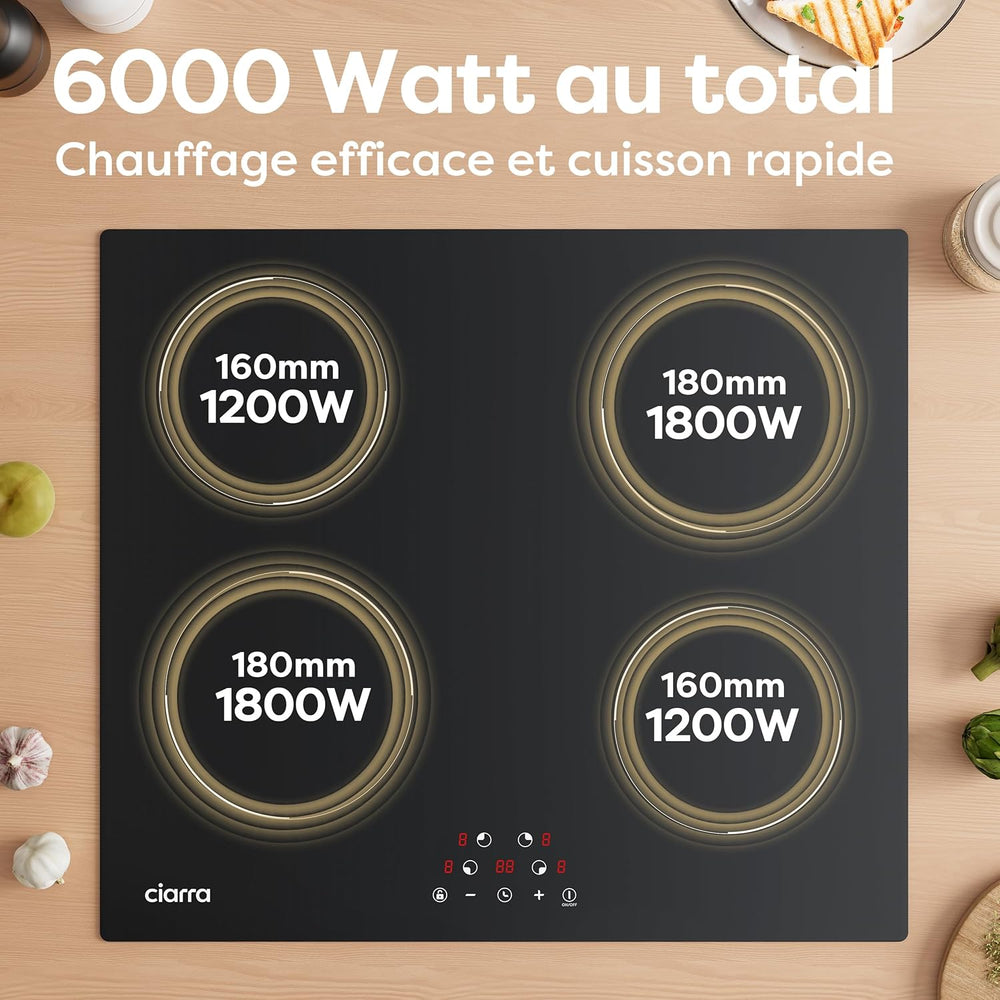 CIARRA Plaque à Induction 4 Feux 6000W - Commande Tactile - Plaque de Cuisson Encastrable - 9 Niveaux de Puissance- Minuteur - Verrouillage Enfant - CABBIH4-D