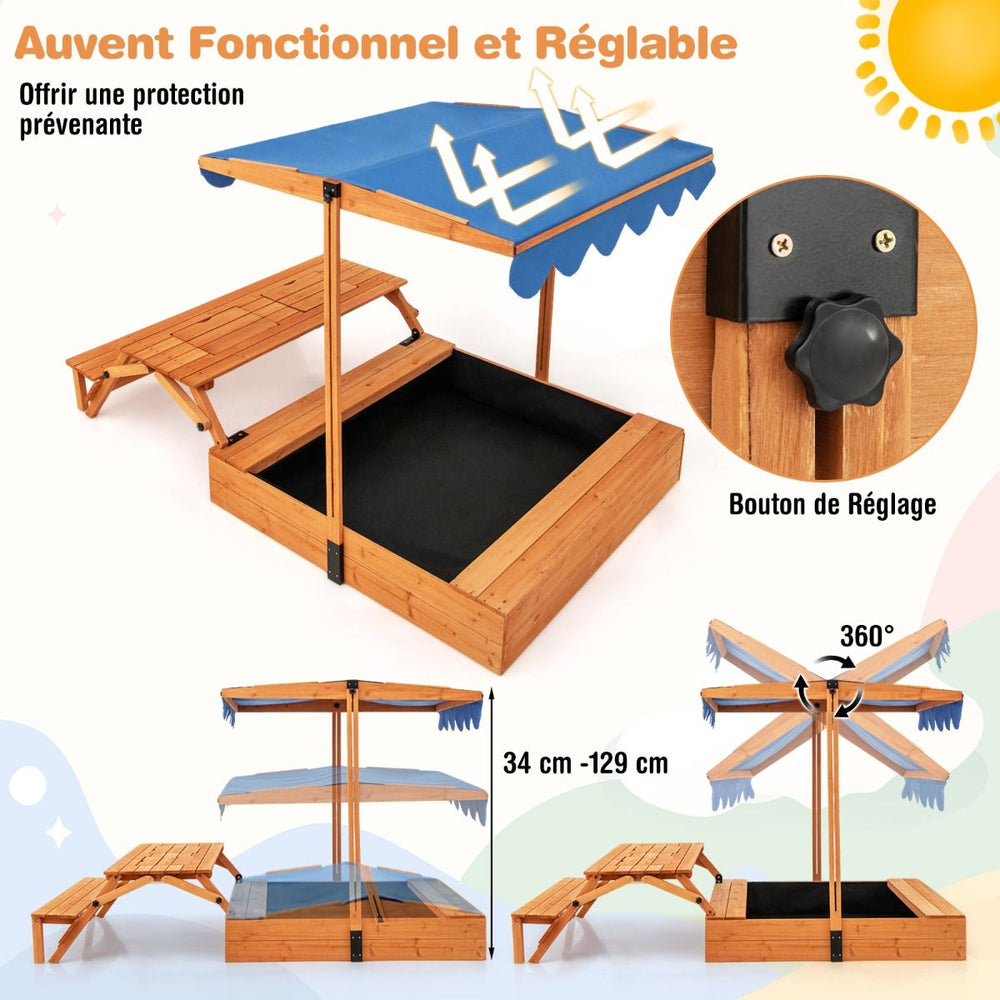 Bac à Sable en Bois pour Enfants avec Couvercle Aire de Jeux avec Table Sensorielle Pliable & Banc Parasol Ajustable pour 3+ Ans Naturel -
