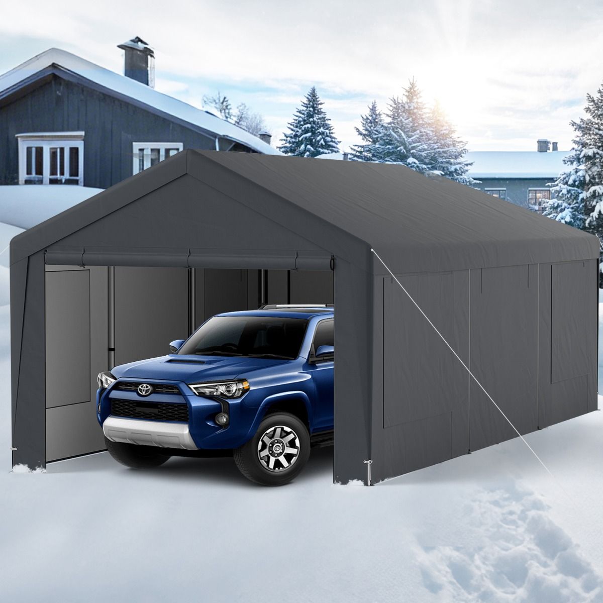 Abri de Voiture 595 x 300 cm Extérieur Tente de Garage avec 8 Parois Latérales Amovibles Portes Enroulables Fenêtres Ventilées Gris -