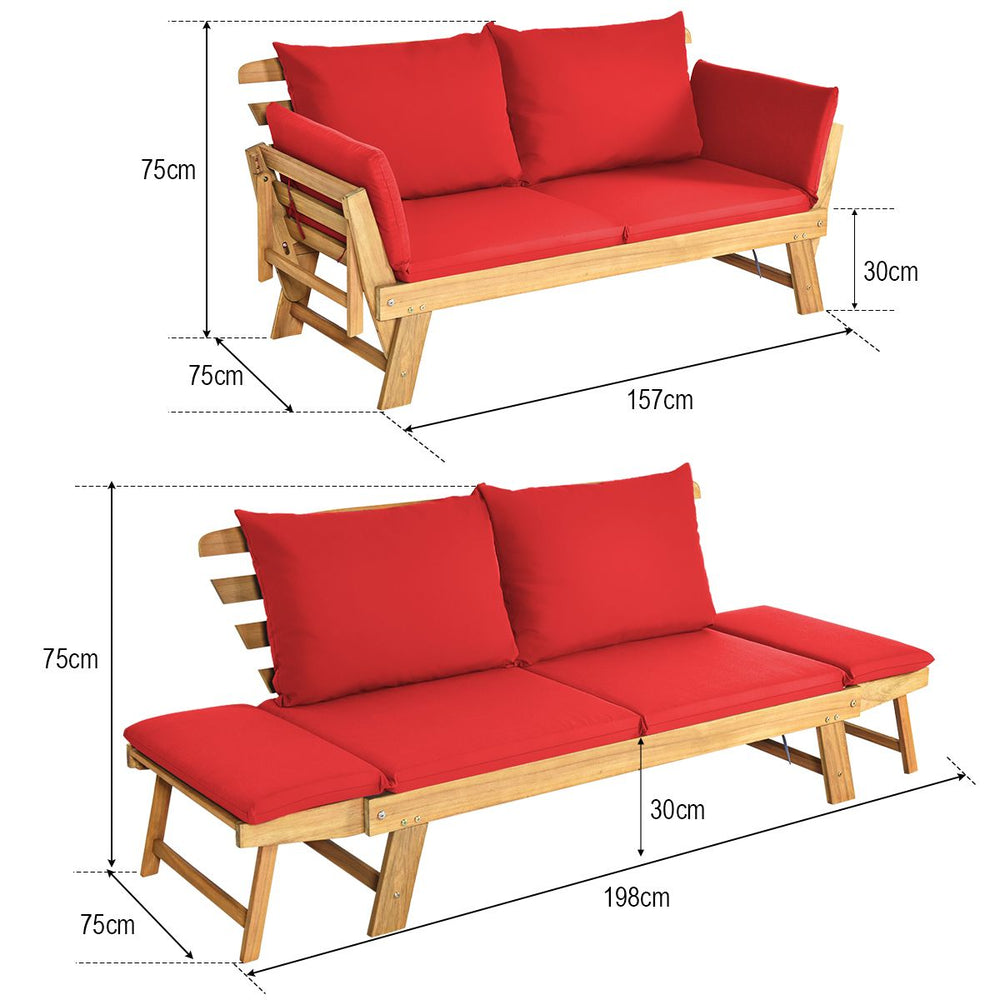 Chaise Longue Convertible avec Coussin Canapé de Jardin 2 en 1 en Bois d’Acacia avec Accoudoir Réglable pour Patio Piscine Jardin Blanc/Gris/Bleu/Rouge -