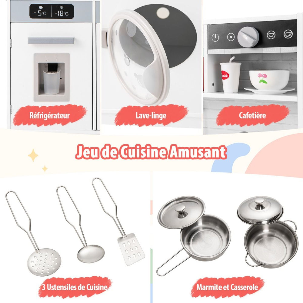 Cuisine de Jeu pour 3 Ans et Plus Jouets de Cuisine en Bois avec Evier Robinet Distributeur d橢au Micro-ondes Four Ustensiles Blanc -