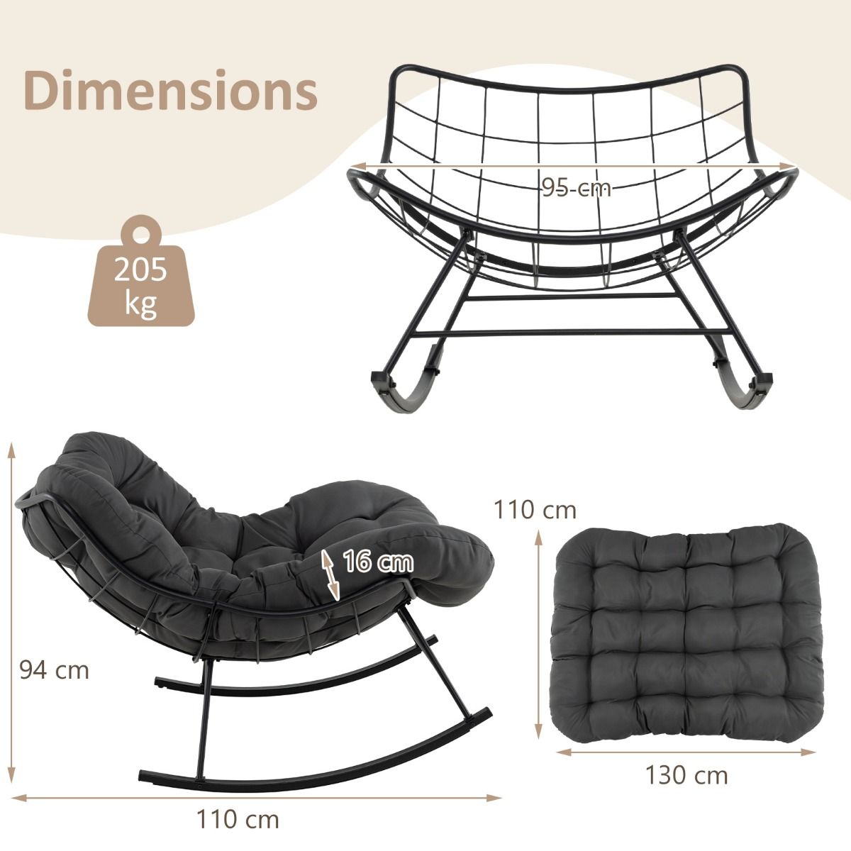 Chaise  Bascule d'Intrieur et d'Extrieur Chaise Papasan Surdimensionne avec Coussin Rembourr & Cadre en Mtal Capacit 205 Kg Gris -