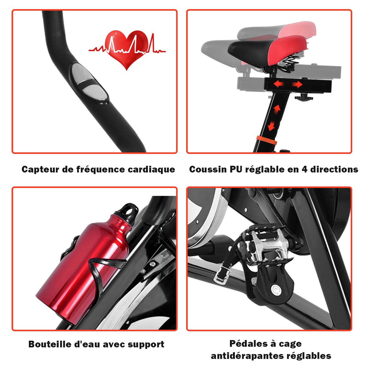 Vlo D檃ppartement Vlo Silencieux avec Courroie et Roue D檌nertie en Fer de 10kg Guidon et Selle Ajustable Noir + Rouge -