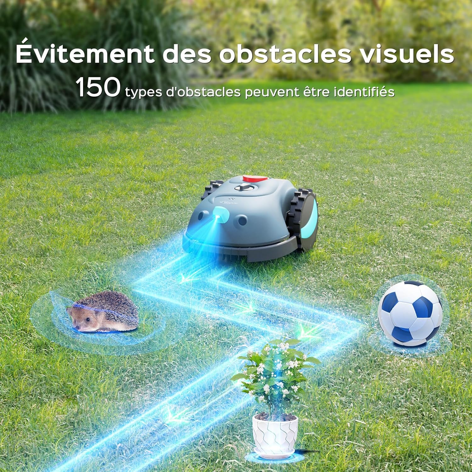 YARDCARE V100 Robot Tondeuse sans Fil Périphérique,avec Navigation par Vision, Évitement d'obstacles(150 Sortes), Robot Tondeuse Gazon avec Batterie 4 Ah, Lame de Rechange
