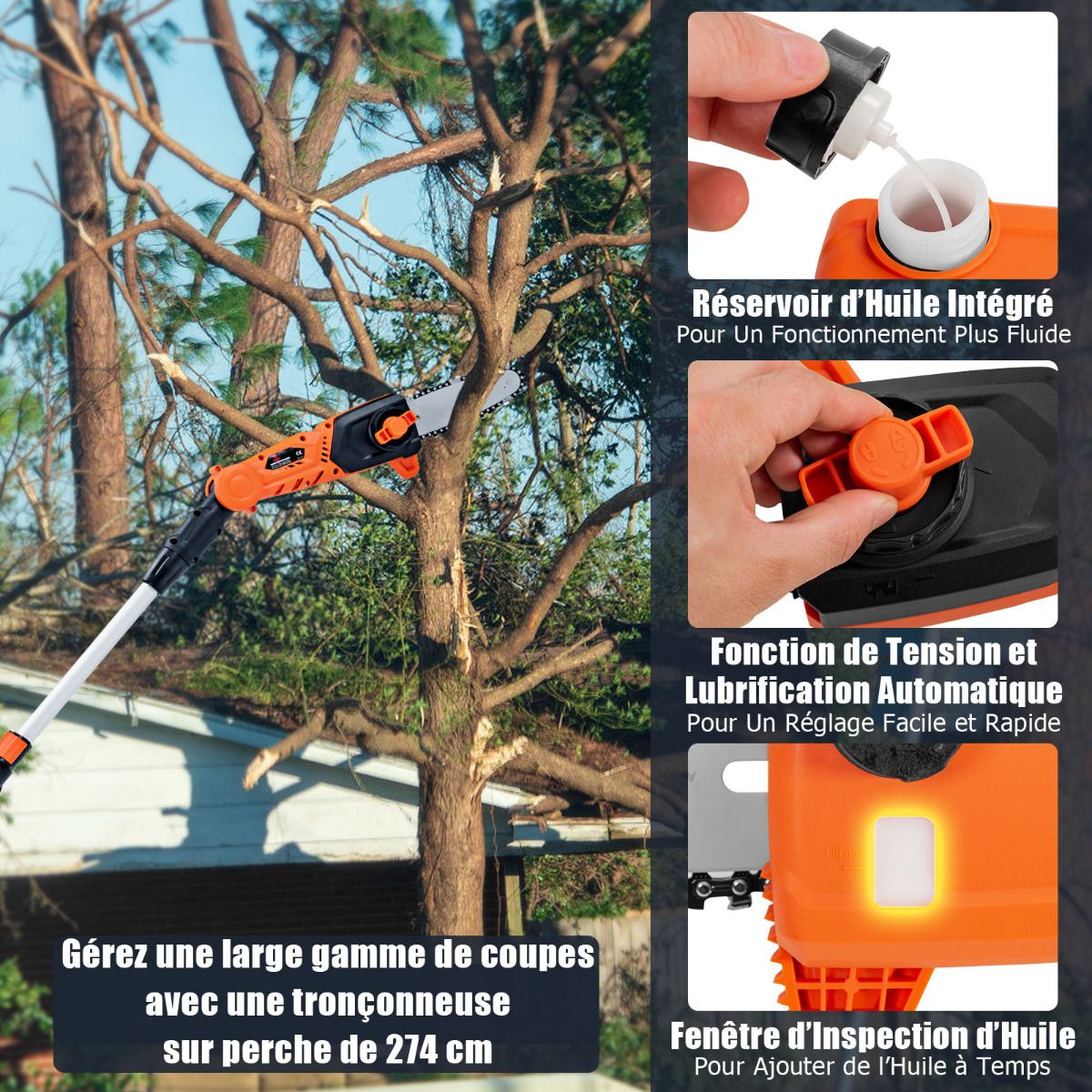 lagueuse Tlescopique sur Perche sans Fil 198 -274 cm Coupe Branche avec Batterie 20V et Chargeur Orange -