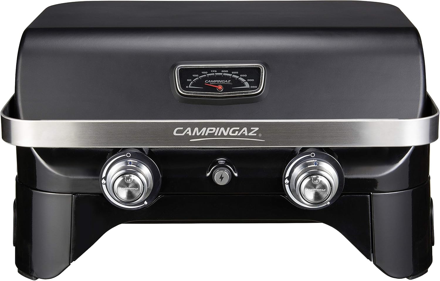Attitude2go,Barbecue de Table  Faible fume,BBQ Portable, Couvercle,thermomtre,et Grille en Fonte,Alimentation : Cartouche de gaz CV 470 Plus,Gris