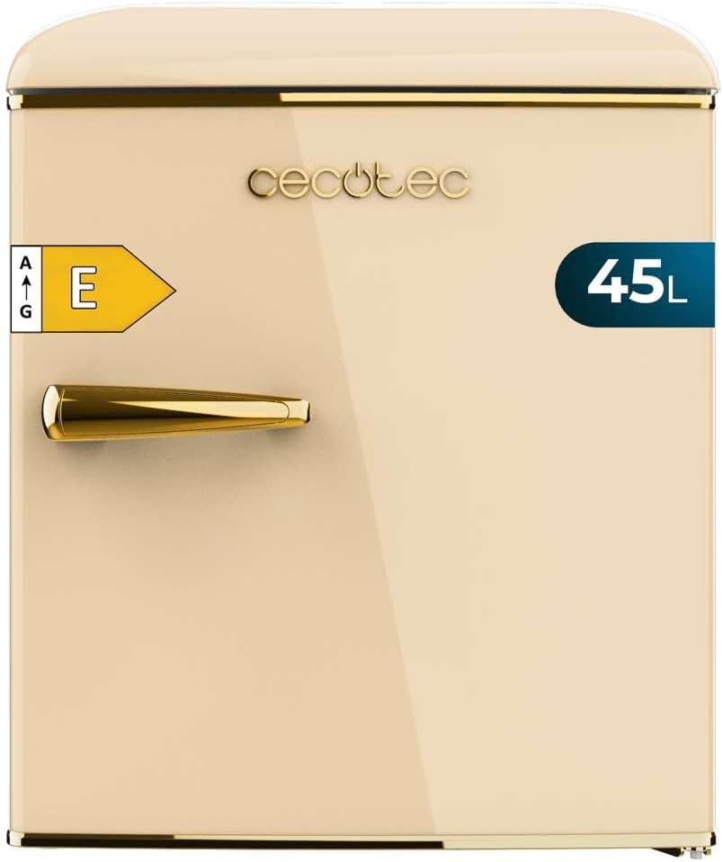 Cecotec Mini Frigo Bolero CoolMarket TT Origin 45 Beige E. Réfrigérateur Hauteur 55cm et Largeur 44,7cm, Classe Énergétique E, Bac à Glace et Poignée Chromée, Beige