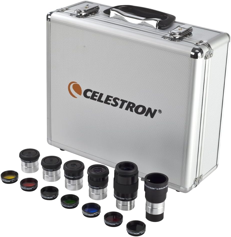 Celestron 94303 Kit d'oculaires et de filtres de 1,25 Pouce - 14 pièces dans Un étui de Transport en métal doublé de Mousse, Argent