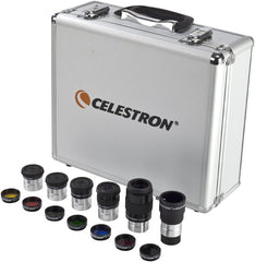 Celestron 94303 Kit d'oculaires et de filtres de 1,25 Pouce - 14 pièces dans Un étui de Transport en métal doublé de Mousse, Argent