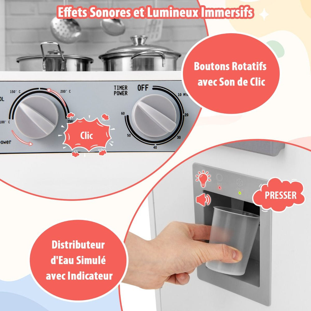 Cuisine de Jeu pour 3 Ans et Plus Jouets de Cuisine en Bois avec Evier Robinet Distributeur d橢au Micro-ondes Four Ustensiles Blanc -