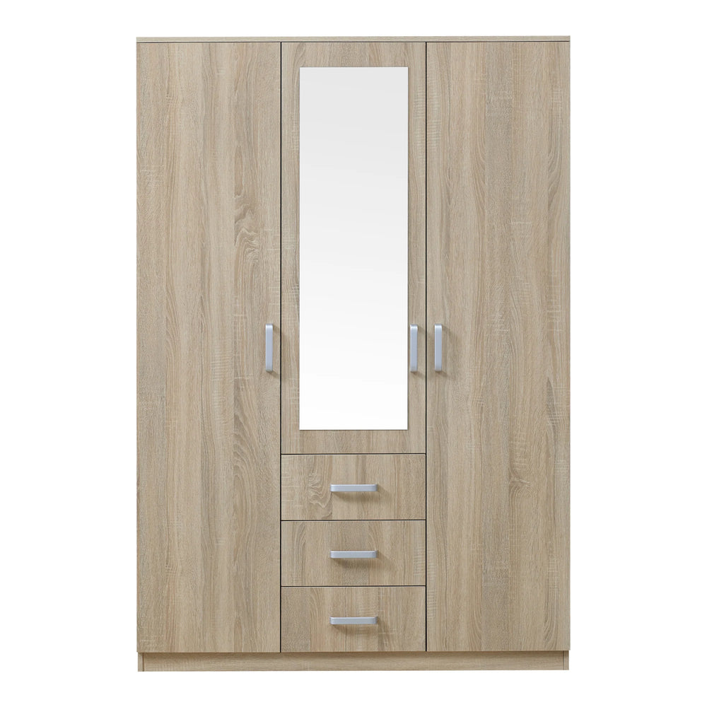 Armoire de chambre garde-robe moderne meuble de rangement intemporel 5 tagres 3 tiroirs + miroir MDF 176 x 120 x 52 cm effet ch锚ne sonoma 03_0006369
