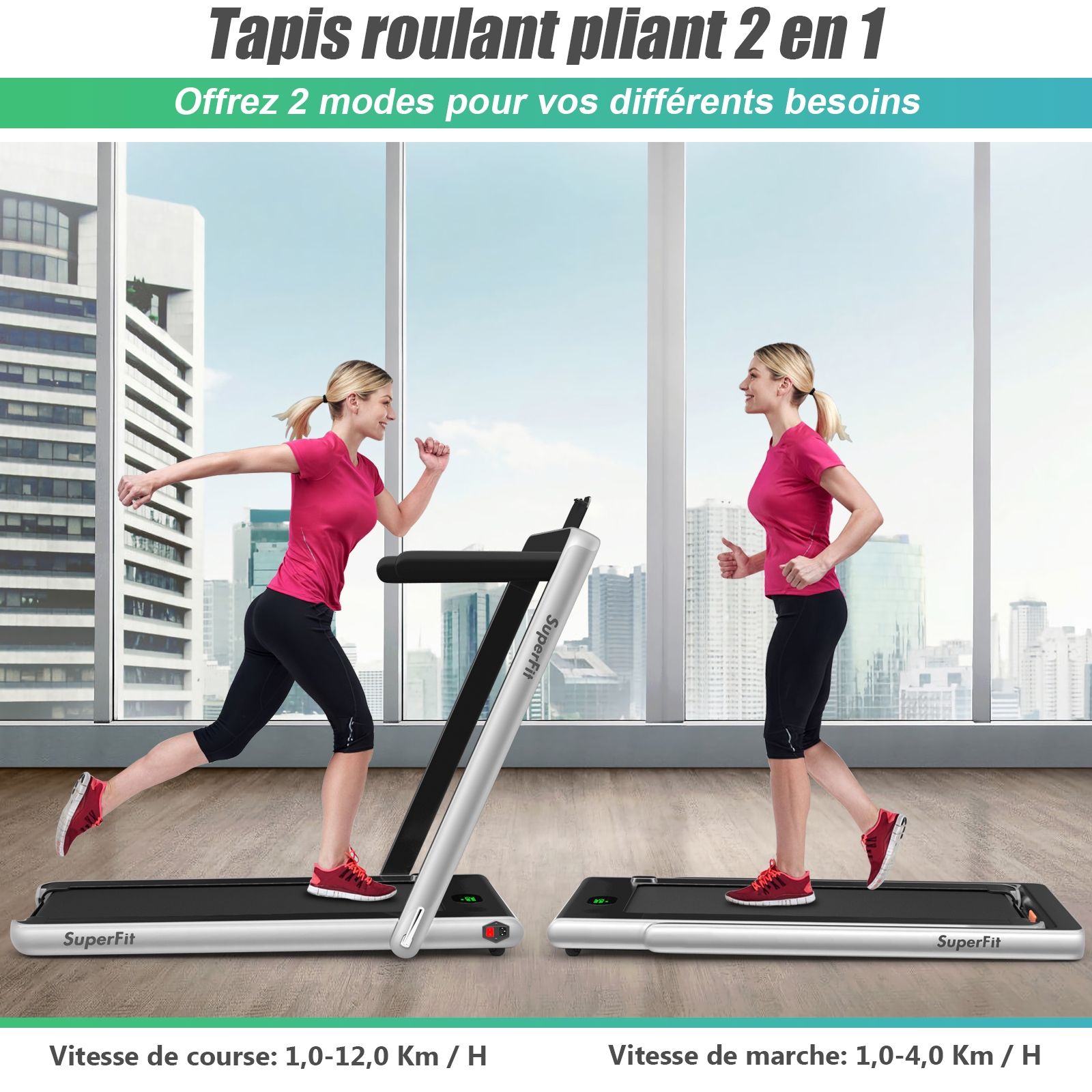 2 en 1 Tapis de Course Electrique Pliable 1 à 12 Km/H avec Haut-parleur Bluetooth Télécommande Moteur 0,75HP Vert/Blanc/Noir/Rouge/Or/Noir et Argenté/Bleu -