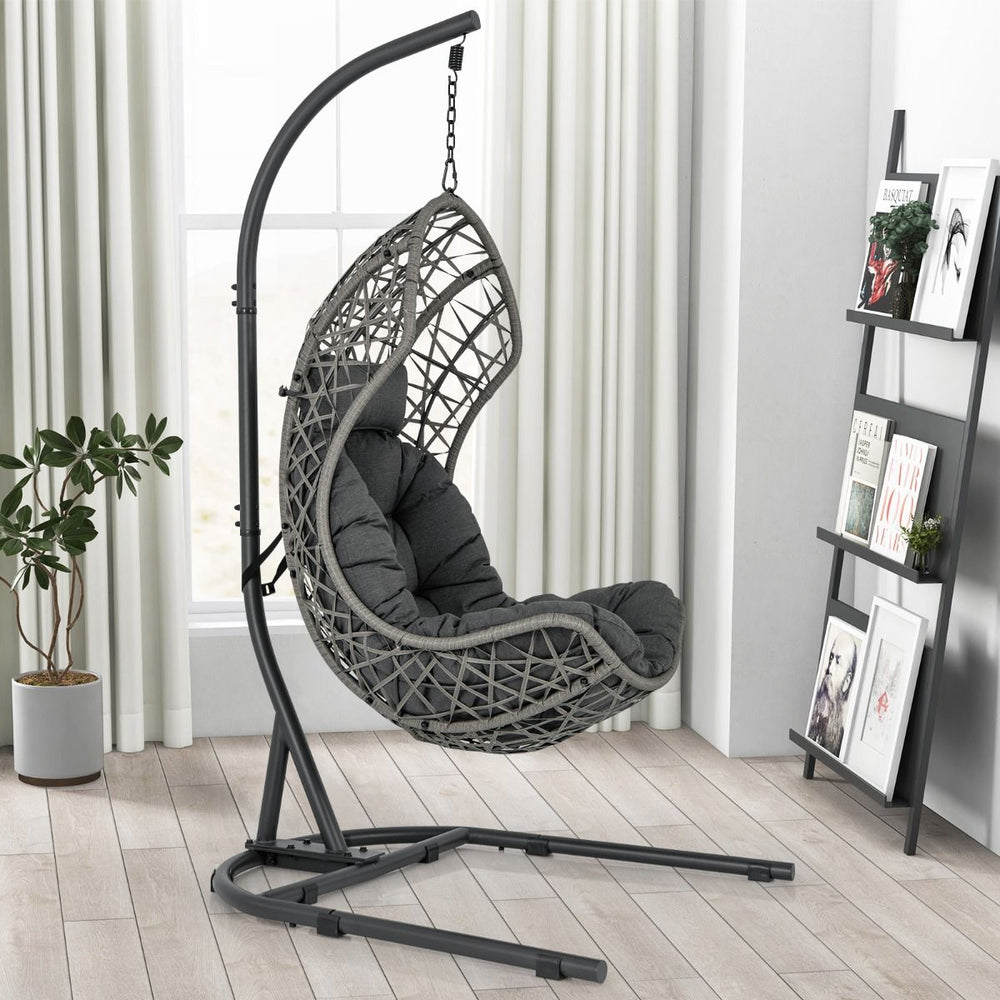 Chaise Oeuf en Rotin PE avec Support avec Oreiller et Coussin Chaise Suspendue avec Accessoires de Suspension Capacit 160 Kg Gris -