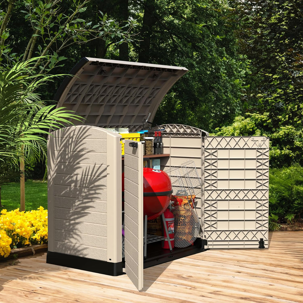 Duramax StoreAway 1200L Plastic Garden Shed/ Flat Lid,Outdoor Storage Shed,Wheelie Bin Hideaways,Wheelie bin box,Durable Construction,Ideal for Bikes,BBQs & 2x 240L Bins,145x85x125 cm,Brown