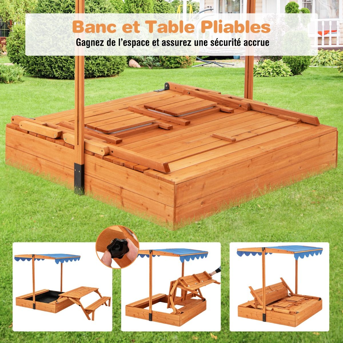 Bac à Sable en Bois pour Enfants avec Couvercle Aire de Jeux avec Table Sensorielle Pliable & Banc Parasol Ajustable pour 3+ Ans Naturel -