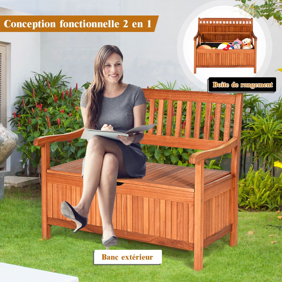 Banc de Jardin 2 Places 107 x 59 x 90 CM en Bois d'Acacia avec Compartiment de Rangement pour Jardin Terrasse Balcon -