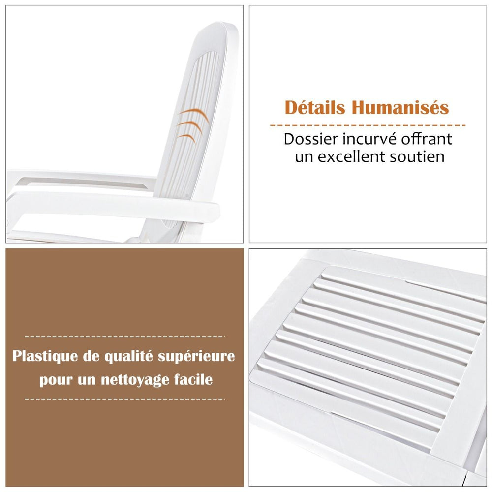 Chaise Longue Inclinable Rglable  5 Positions avec Roues Flexibles Fauteuil Relax de Camping avec Bo卯te de Rangement Charge 150KG Blanc -