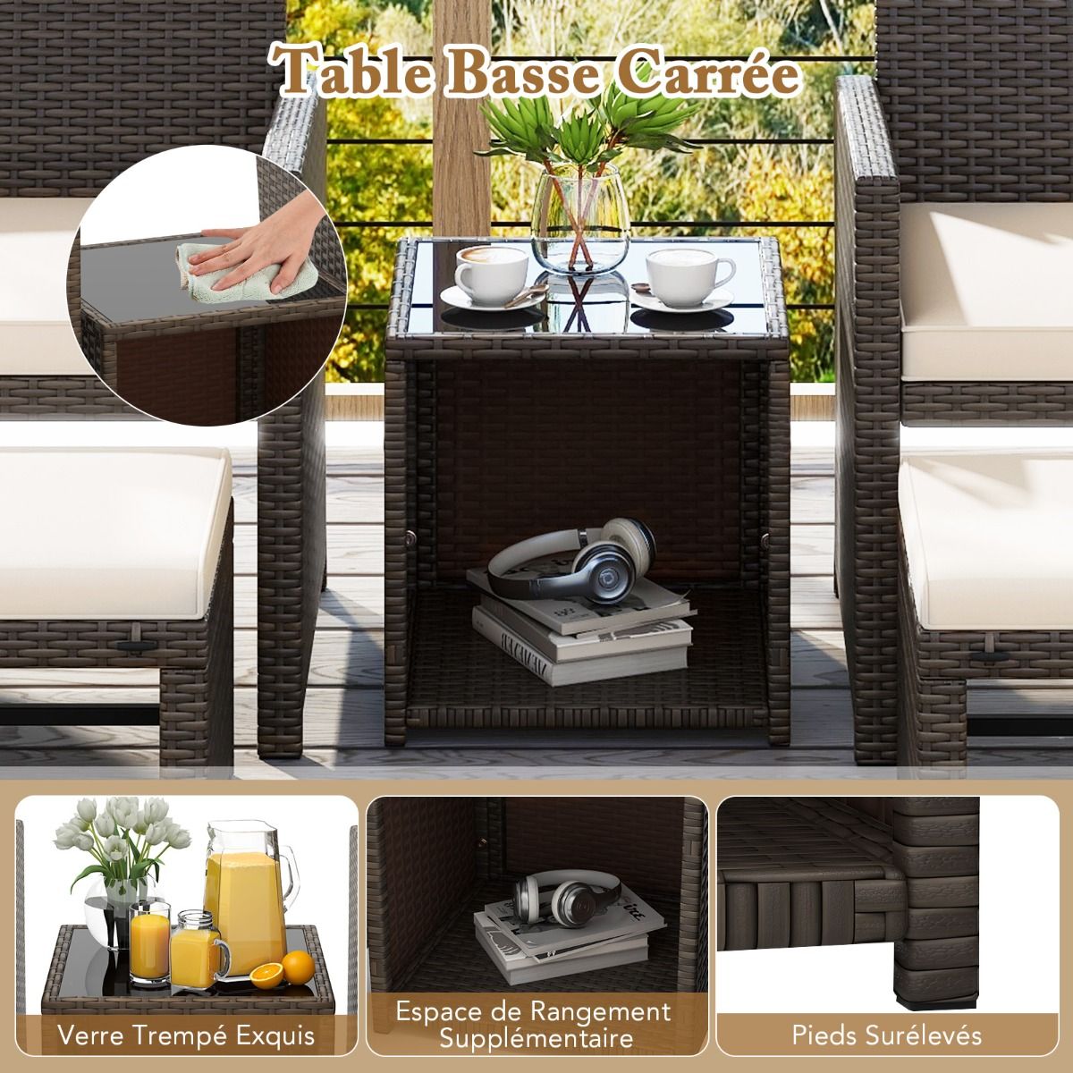 Ensemble Meuble de Salon 5PCS Salon de Jardin en Rotin PE avec Coussin pour Balcon Piscine Terrasse Gris/Blanc -