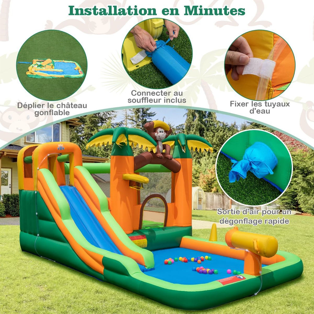 7 en 1 Ch芒teau Gonflable Tropical  Thme Singe & Palmier avec Toboggan Aquatique avec Piscine & 50 Boules Charge 90kg pour 2 Enfants de 3-10 Ans -