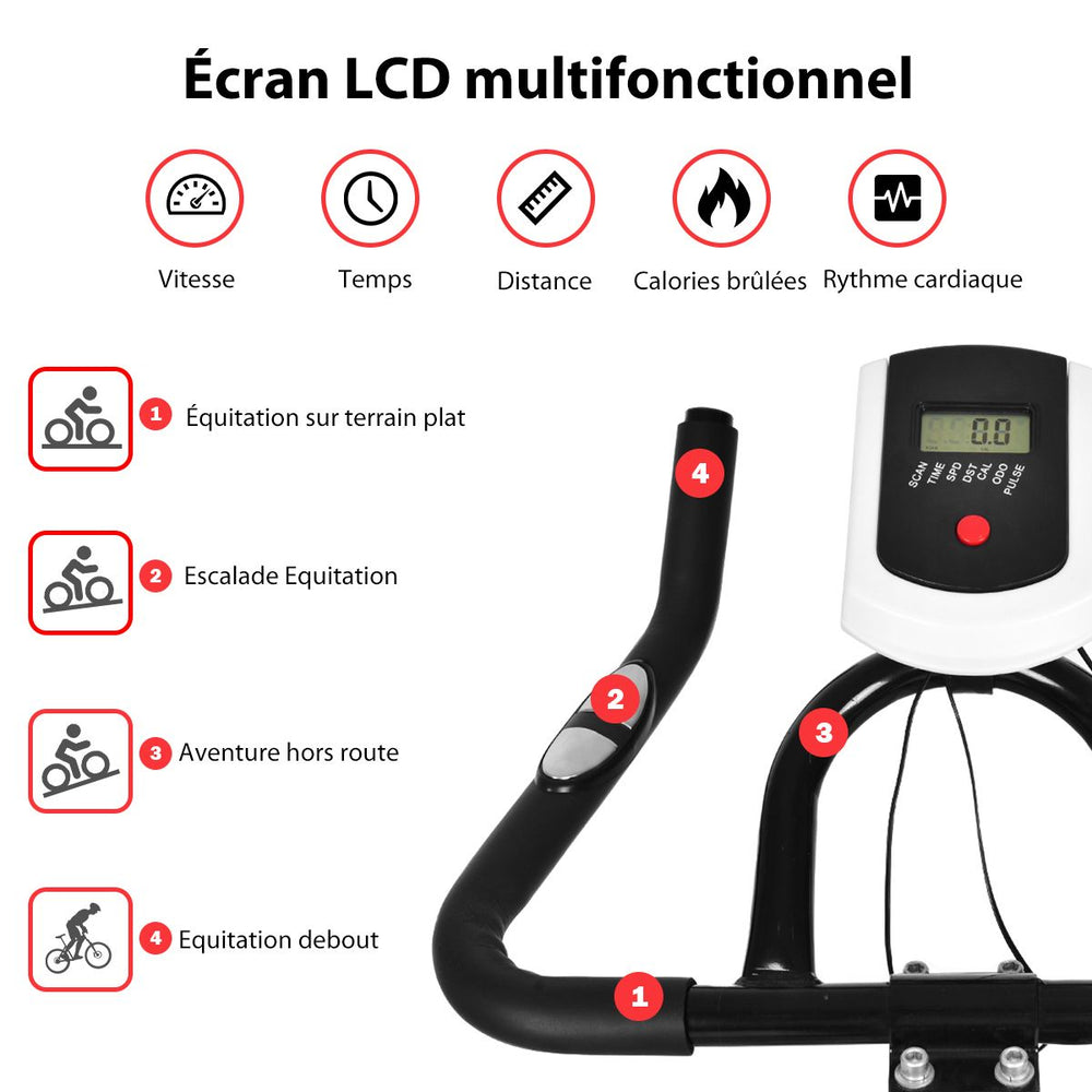Vélo d'Exercice Intérieur avec Volant d'Inertie 8 KG Silencieux Bouilloire Porte-gobelet Ecran LCD Selle et Huidon Réglables -
